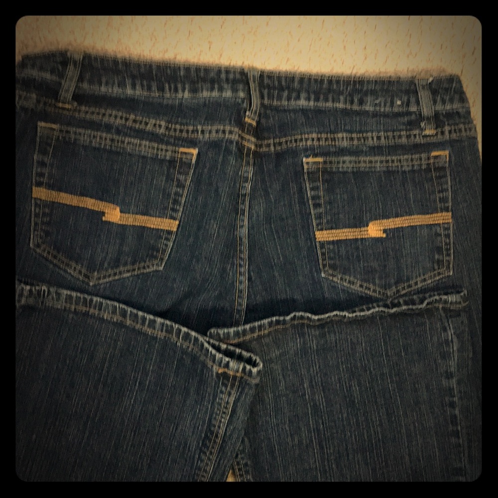 17 long, wide leg, dark stretch denim jeans